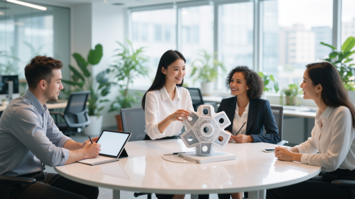 技术团队与客户讨论定制化解决方案,商务会议场景,现代化办公室环境,明亮自然光