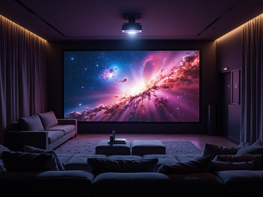 智能投影仪投射AIKTV画面,家庭影院环境,投影幕布显示KTV界面,现代家居设计