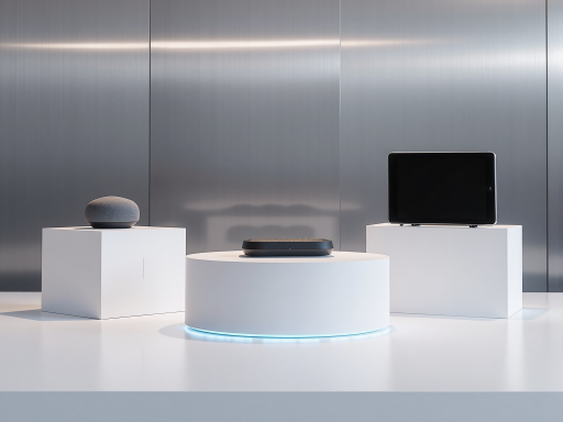 10.1寸智能家庭音响正面图,黑色金属质感,圆形音响网罩,现代家居环境,明亮自然光