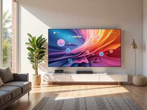 互联网智能电视屏幕显示AIKTV界面,客厅环境,现代家居设计,明亮自然光