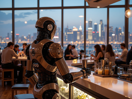 未来智能家居概念图,AI机器人辅助KTV场景,高科技感室内环境,科幻灯光效果